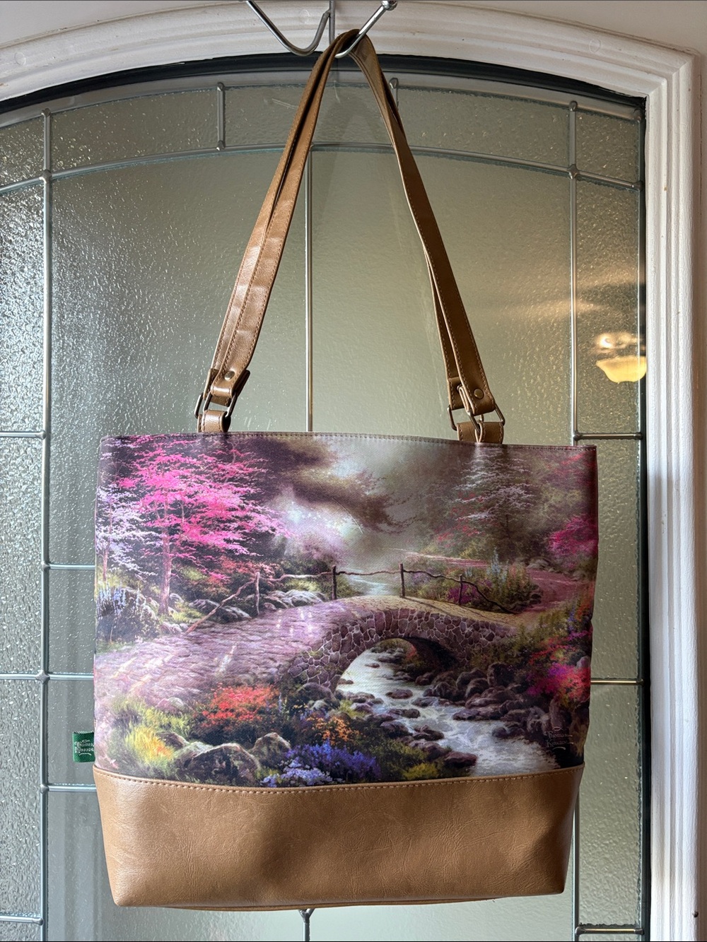 Thomas kinkade Scenic Pink Landscape Tote Bag with Tan Trim